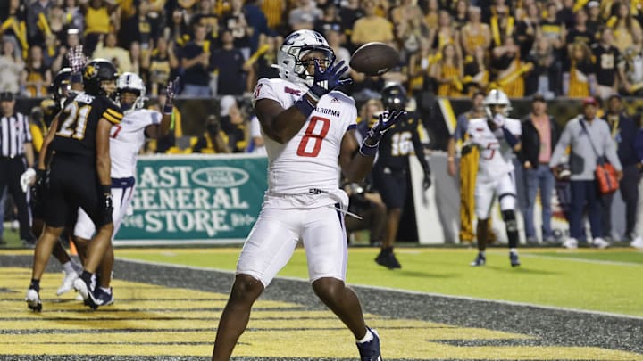 Sep 19, 2024; Boone, North Carolina, USA;  South Alabama Jaguars tight end DJ Thomas-Jones (8) catches a touchdown pass during the first quarter against the Appalachian State Mountaineers at Kidd Brewer Stadium. Mandatory Credit: Reinhold Matay-Imagn Images