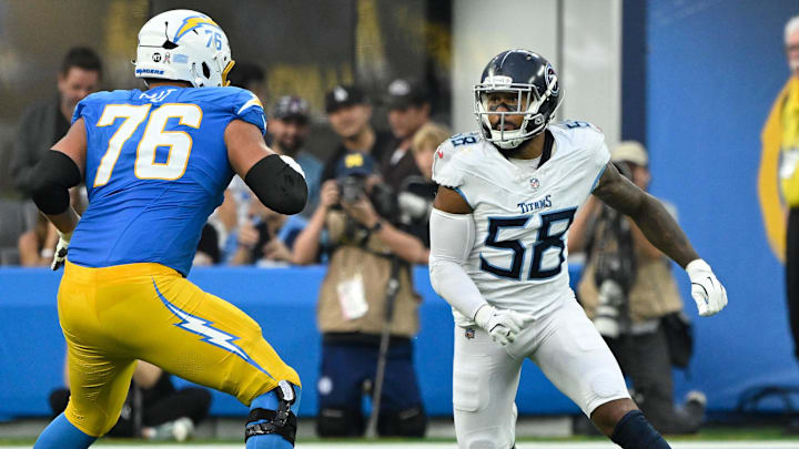 Tennessee Titans linebacker Harold Landry III and Los Angeles Chargers offensive tackle Joe Alt. Mandatory Credit: Robert Hanashiro-Imagn Images Tennessee Titans linebacker Harold Landry III and Los Angeles Chargers offensive tackle Joe Alt. Mandatory Credit: Robert Hanashiro-Imagn Images