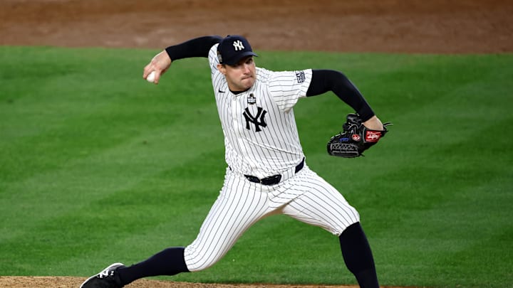 Oct 28, 2024; New York, New York, USA; New York Yankees pitcher Tommy Kahnle (41) throws during the eighth inning against the Los Angeles Dodgers in game three of the 2024 MLB World Series at Yankee Stadium. Mandatory Credit: Vincent Carchietta-Imagn Images