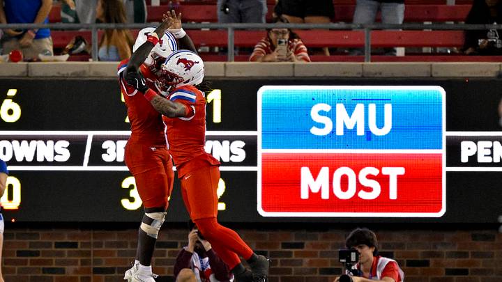 Sep 26, 2026; Dallas, Texas, USA; SMU Mustangs running back Dramekco Green (4) and cornerback Marcellus Barnes Jr. (8) celebrate a touchdown against the Missouri State Bears during the second half at Gerald J. Ford Stadium. Mandatory Credit: Jerome Miron-Imagn Images Sep 26, 2026; Dallas, Texas, USA; SMU Mustangs running back Dramekco Green (4) and cornerback Marcellus Barnes Jr. (8) celebrate a touchdown against the Missouri State Bears during the second half at Gerald J. Ford Stadium. Mandatory Credit: Jerome Miron-Imagn Images