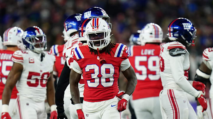 Dec 1, 2025; Foxborough, Massachusetts, USA; New England Patriots running back Rhamondre Stevenson (38) celebrates after a run during the second quarter against the New York Giants at Gillette Stadium. Mandatory Credit: David Butler II-Imagn Images