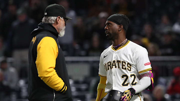 Apr 16, 2025; Pittsburgh, Pennsylvania, USA;  Pittsburgh Pirates right fielder Andrew McCutchen (22) yells at Washington Nationals relief pitcher Jorge Lopez (not pictured) after being brushed back by a high pitch during the seventh inning at PNC Park. Mandatory Credit: Charles LeClaire-Imagn Images