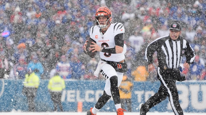 Dec 7, 2025; Orchard Park, New York, USA; Cincinnati Bengals quarterback Joe Burrow (9) looks to throw in the second quarter against the Buffalo Bills at Highmark Stadium. Mandatory Credit: Gregory Fisher-Imagn Images