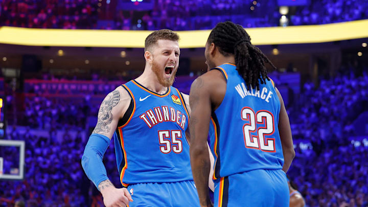 May 18, 2025; Oklahoma City, Oklahoma, USA; Oklahoma City Thunder center Isaiah Hartenstein (55) celebrates with guard Cason Wallace (22) after a basket against the Denver Nuggets in the second half during game seven of the second round for the 2025 NBA Playoffs at Paycom Center. Mandatory Credit: Alonzo Adams-Imagn Images May 18, 2025; Oklahoma City, Oklahoma, USA; Oklahoma City Thunder center Isaiah Hartenstein (55) celebrates with guard Cason Wallace (22) after a basket against the Denver Nuggets in the second half during game seven of the second round for the 2025 NBA Playoffs at Paycom Center. Mandatory Credit: Alonzo Adams-Imagn Images