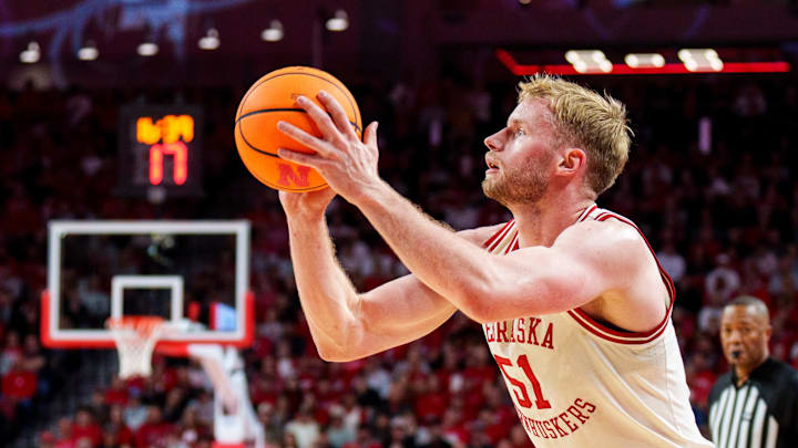 Jan 13, 2026; Lincoln, Nebraska, USA; Nebraska Cornhuskers forward Rienk Mast (51) shoots a three point basket against the Oregon Ducks during the first half at Pinnacle Bank Arena. Mandatory Credit: Dylan Widger-Imagn Images
