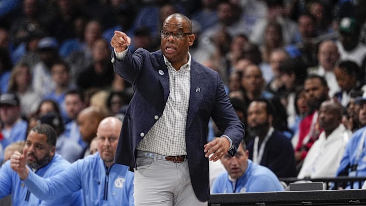 Dec 17, 2024; Charlotte, North Carolina, USA;  North Carolina Tar Heels head coach Hubert Davis during the first half against the Florida Gators at Spectrum Center. Mandatory Credit: Jim Dedmon-Imagn Images
