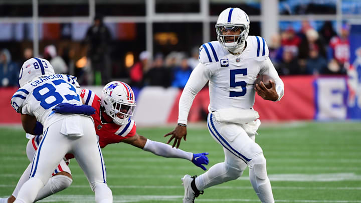 Dec 1, 2024; Foxborough, Massachusetts, USA;  Indianapolis Colts quarterback Anthony Richardson (5) runs with the ball during the second half against the New England Patriots at Gillette Stadium. Mandatory Credit: Bob DeChiara-Imagn Images