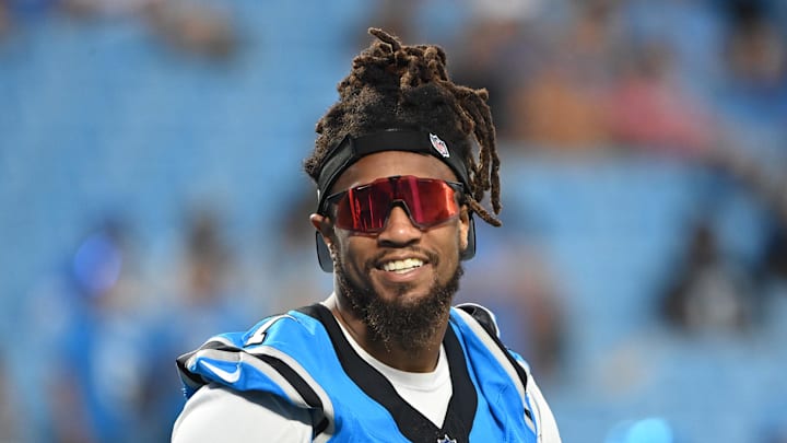 Aug 25, 2023; Charlotte, North Carolina, USA; Carolina Panthers linebacker Shaq Thompson (7) on to the field before the game at Bank of America Stadium. Mandatory Credit: Bob Donnan-Imagn Images
