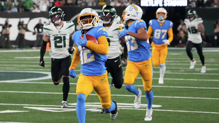 Nov 6, 2023; East Rutherford, New Jersey, USA; Los Angeles Chargers wide receiver Derius Davis (12).