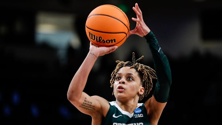 Michigan State guard DeeDee Hagemann (0) attempts a free throw against North Carolina during the second half of NCAA tournament first round at Colonial Life Arena in Columbia, S.C. on Friday, March 22, 2024.
