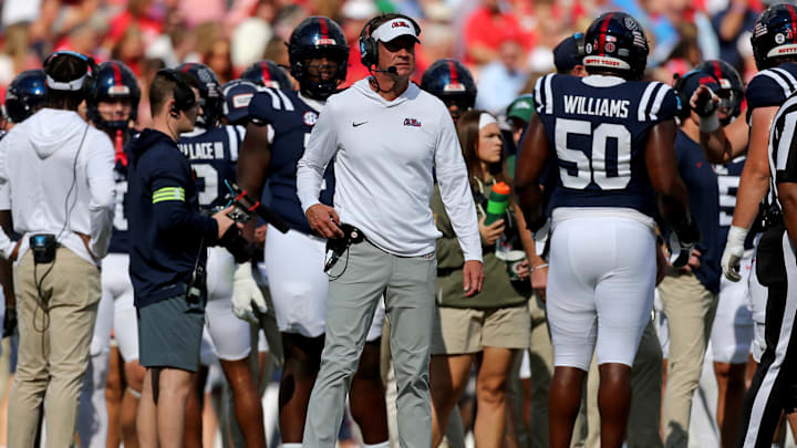Nov 8, 2025; Oxford, Mississippi, USA; Mississippi Rebels head coach Lane Kiffin looks on during a time out during the first quarter against The Citadel Bulldogs at Vaught-Hemingway Stadium. Mandatory Credit: Petre Thomas-Imagn Images