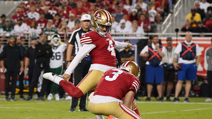 Sep 9, 2024; Santa Clara, California, USA; San Francisco 49ers place kicker Jake Moody (4) makes a field goal in the fourth quarter against the New York Jets at Levi's Stadium. Mandatory Credit: David Gonzales-Imagn Images