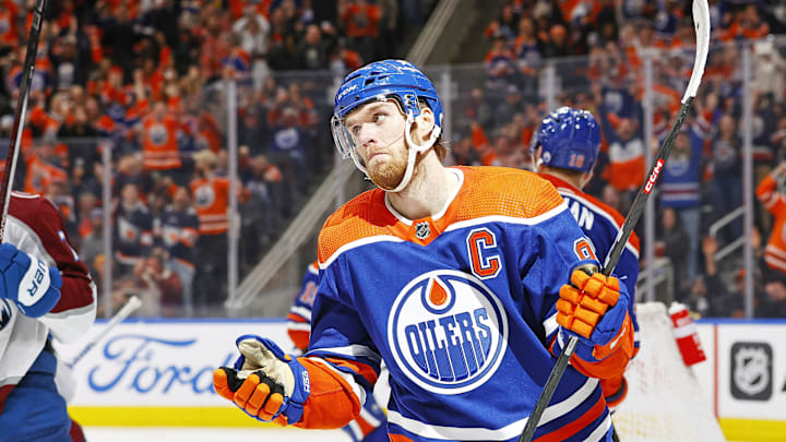 Edmonton Oilers forward Connor McDavid (97) celebrates after goal