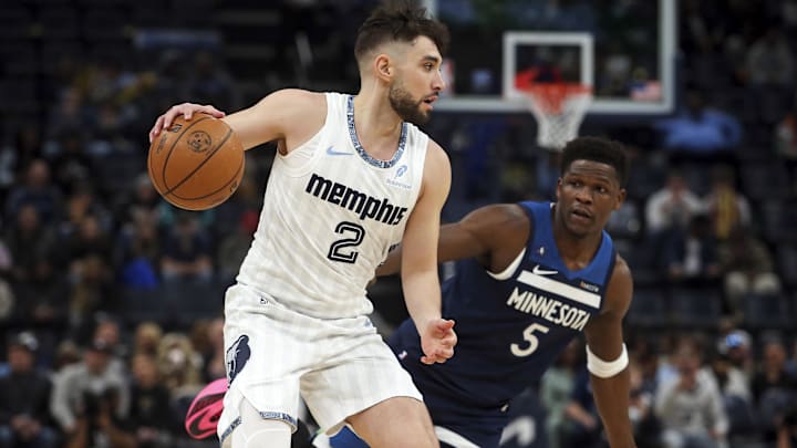 Feb 2, 2026; Memphis, Tennessee, USA; Memphis Grizzlies guard Ty Jerome (2) dribbles as Minnesota Timberwolves guard Anthony Edwards (5) defends during the first quarter at FedExForum. Mandatory Credit: Petre Thomas-Imagn Images