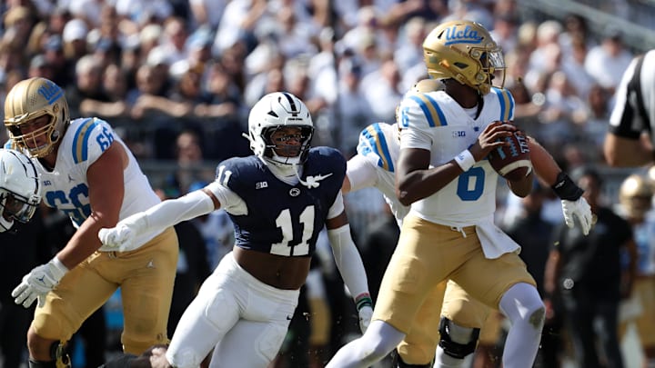 Penn State defensive end Abdul Carter (11) pressures UCLA Bruins quarterback Jaylin Davies during the third quarter at Beaver Stadium. Penn State defensive end Abdul Carter (11) pressures UCLA Bruins quarterback Jaylin Davies during the third quarter at Beaver Stadium.