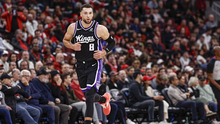 Oct 29, 2025; Chicago, Illinois, USA; Sacramento Kings guard Zach LaVine (8) reacts during the first half of an NBA game against the Chicago Bulls at United Center. Mandatory Credit: Kamil Krzaczynski-Imagn Images