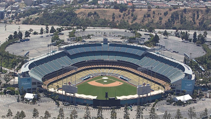 Jul 13, 2010; Los Angeles, CA, USA; An aerial view of Dodger Stadium the home of the Los Angeles Dodgers. Mandatory Credit: Tom Szczerbowski-Imagn Images