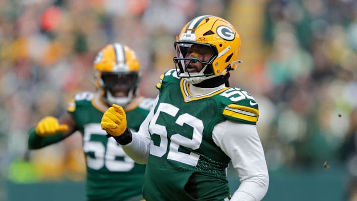Green Bay Packers defensive end Rashan Gary (52) celebrates after sacking Chicago Bears quarterback Caleb Williams (18) Green Bay Packers defensive end Rashan Gary (52) celebrates after sacking Chicago Bears quarterback Caleb Williams (18)