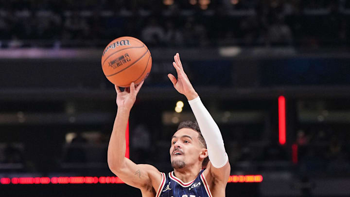 Feb 18, 2024; Indianapolis, Indiana, USA; Eastern Conference guard Trae Young (11) of the Atlanta Hawks