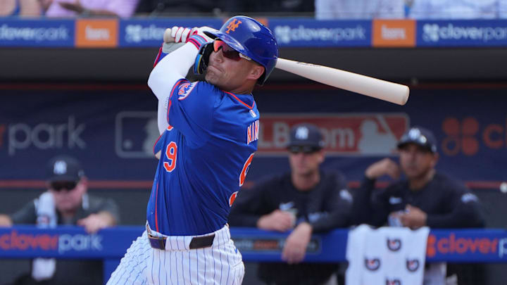 Mar 5, 2024; Port St. Lucie, Florida, USA;  New York Mets center fielder Brandon Nimmo (9) hits a