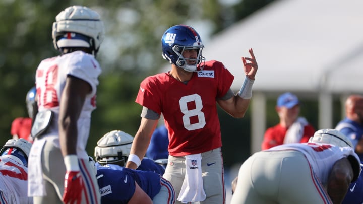 Aug 1, 2023; East Rutherford, NJ, USA; New York Giants quarterback Daniel Jones (8) participates in drills during training camp at the Quest Diagnostics Training Facility.   