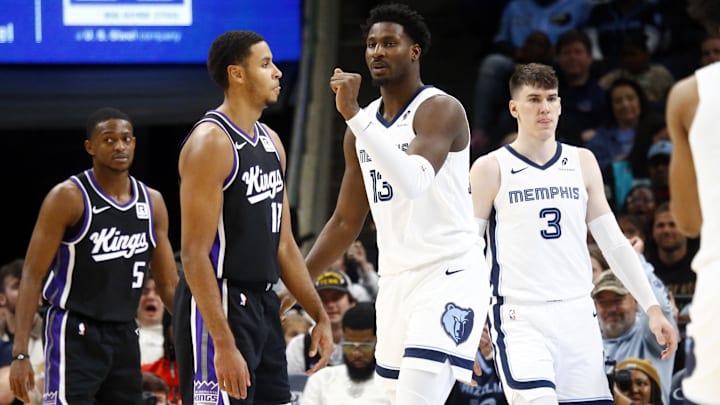 Dec 5, 2024; Memphis, Tennessee, USA; Memphis Grizzlies forward Jaren Jackson Jr. (13) reacts during the fourth quarter against the Sacramento Kings at FedExForum. Mandatory Credit: Petre Thomas-Imagn Images