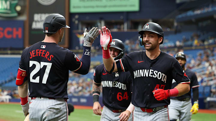 Sep 5, 2024; St. Petersburg, Florida, USA; Minnesota Twins second baseman Edouard Julien (47) celebrates with catcher Ryan Jeffers (27) after hitting a three-run home run against the Tampa Bay Rays in the second inning at Tropicana Field. Mandatory Credit: Nathan Ray Seebeck-Imagn Images Sep 5, 2024; St. Petersburg, Florida, USA; Minnesota Twins second baseman Edouard Julien (47) celebrates with catcher Ryan Jeffers (27) after hitting a three-run home run against the Tampa Bay Rays in the second inning at Tropicana Field. Mandatory Credit: Nathan Ray Seebeck-Imagn Images