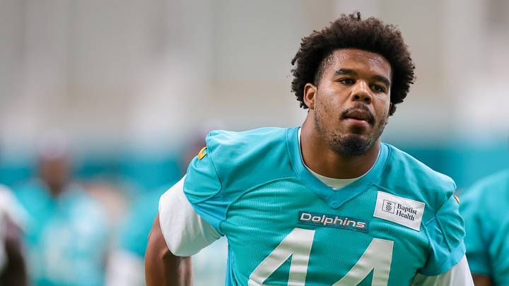 Miami Dolphins edge Chop Robinson (44) looks on during practice at the Baptist Health Training Complex. Miami Dolphins edge Chop Robinson (44) looks on during practice at the Baptist Health Training Complex.