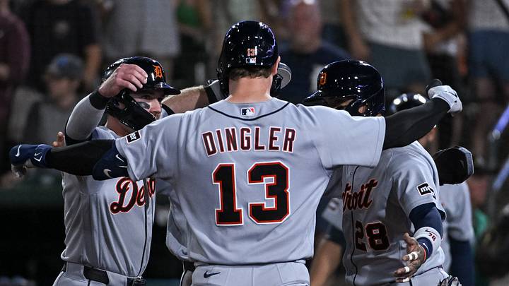 Detroit Tigers catcher Dillon Dingler (13). celebrates after a home run. 
