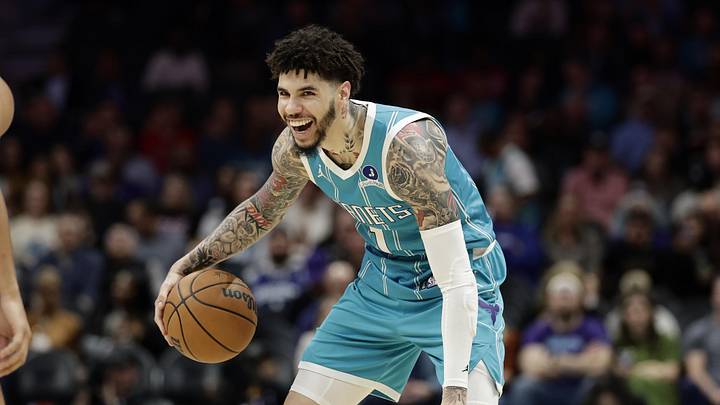 Mar 19, 2026; Charlotte, North Carolina, USA; Charlotte Hornets guard LaMelo Ball (1) smiles as he dribbles the ball during the first quarter against the Orlando Magic at Spectrum Center. Mandatory Credit: Brian Westerholt-Imagn Images