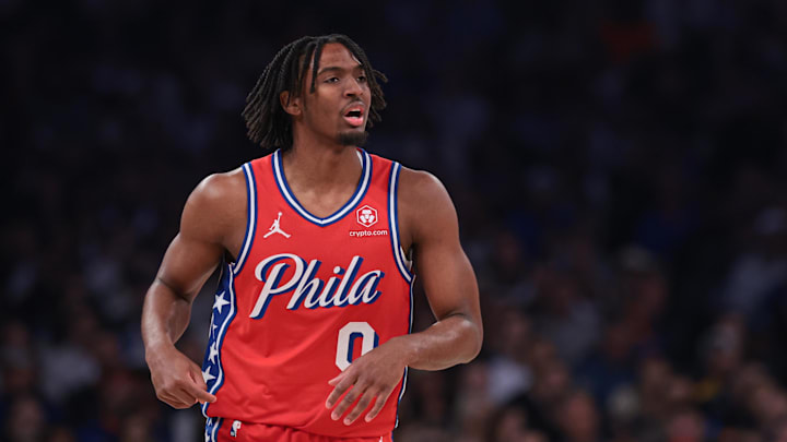Philadelphia 76ers guard Tyrese Maxey (0) runs up court.