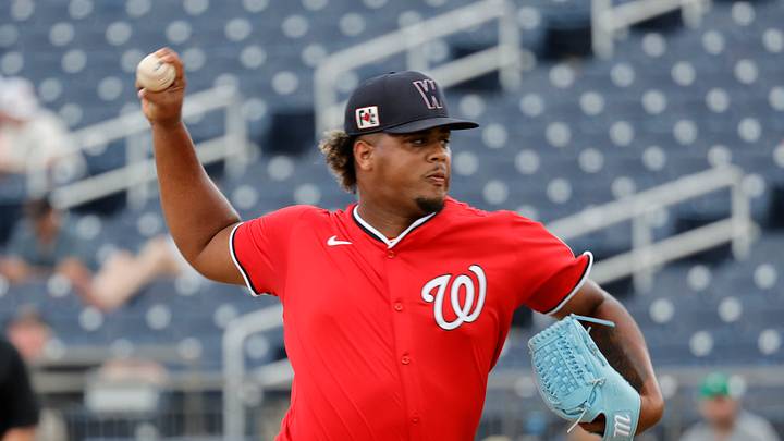Feb 22, 2025; West Palm Beach, Florida, USA; Right hand pitcher Jarlin Susana throws a pitch in the sixth inning against the Houston Astros at CACTI Park of the Palm Beaches. Mandatory Credit: Reinhold Matay-Imagn Images