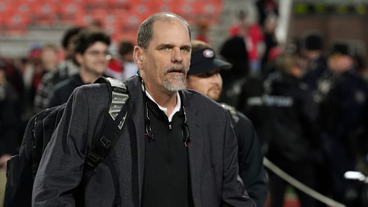 Georgia Offensive Coordinator Mike Bobo arrives before the start of a NCAA college football game against Georgia Tech in Athens, Ga., on Friday, Nov. 29, 2024.