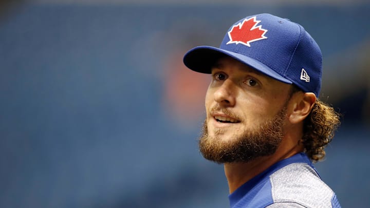 Apr 8, 2017; St. Petersburg, FL, USA; Toronto Blue Jays catcher Jarrod Saltalamacchia  (10) works out prior to the  game against the Tampa Bay Rays at Tropicana Field. Mandatory Credit: Kim Klement-Imagn Images
