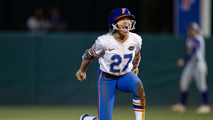 Florida Gators outfielder Kendra Falby (27) celebrates at second base after a hit against the LSU Tigers during the game at Katie Seashole Pressly Stadium at the University of Florida in Gainesville, FL on Monday, April 8, 2024. [Matt Pendleton/Gainesville Sun]