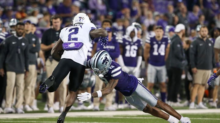 Oct 21, 2023; Manhattan, Kansas, USA; Kansas State Wildcats cornerback Will Lee III (8) tackles TCU