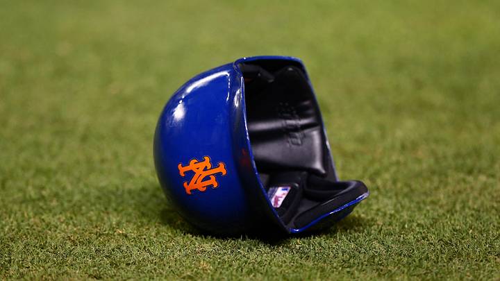 Aug 16, 2016; Phoenix, AZ, USA; Detailed view of a New York Mets batting helmet on the field against the Arizona Diamondbacks at Chase Field. Mandatory Credit: Mark J. Rebilas-Imagn Images