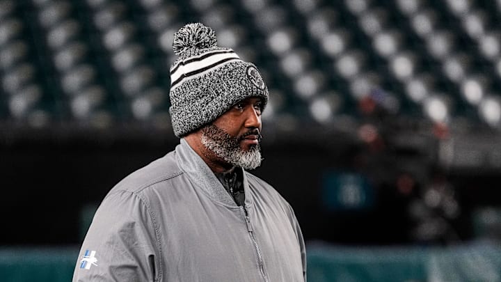 Detroit Lions general manager Brad Holmes watches warmups ahead of the Philadelphia Eagles game at Lincoln Financial Field in Philadelphia on Sunday, November 16, 2025.