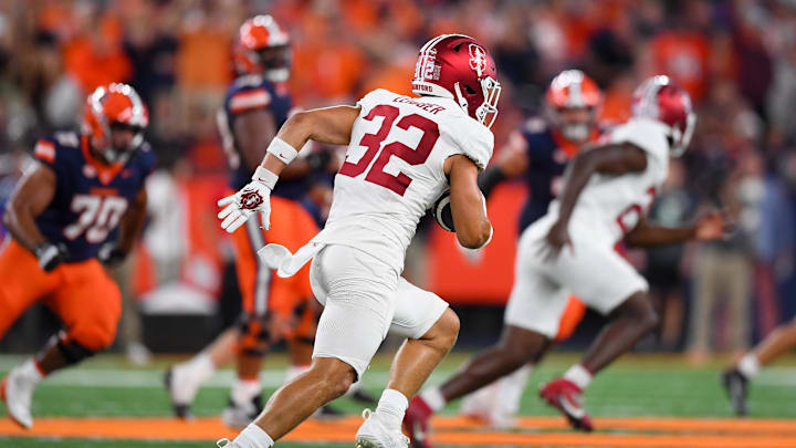 Sep 20, 2024; Syracuse, New York, USA; Stanford Cardinal safety Mitch Leigber (32) returns an interception for a touchdown against the Syracuse Orange during the second half at the JMA Wireless Dome. Mandatory Credit: Rich Barnes-Imagn Images