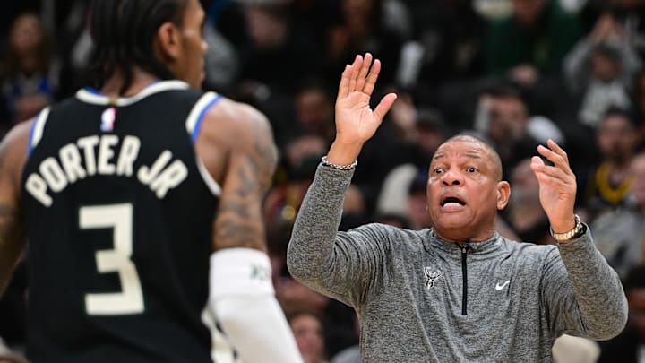 Apr 27, 2025; Milwaukee, Wisconsin, USA; Milwaukee Bucks head coach Doc Rivers reacts in the third quarter against the Indiana Pacers during game four of first round for the 2024 NBA Playoffs at Fiserv Forum. Mandatory Credit: Benny Sieu-Imagn Images Apr 27, 2025; Milwaukee, Wisconsin, USA; Milwaukee Bucks head coach Doc Rivers reacts in the third quarter against the Indiana Pacers during game four of first round for the 2024 NBA Playoffs at Fiserv Forum. Mandatory Credit: Benny Sieu-Imagn Images