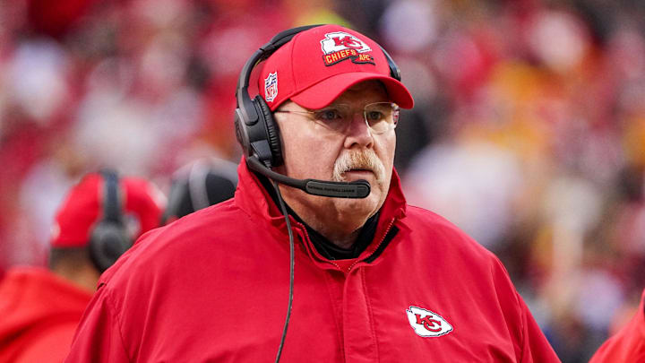 Nov 27, 2022; Kansas City, Missouri, USA; Kansas City Chiefs head coach Andy Reid during the first half against the Los Angeles Rams at GEHA Field at Arrowhead Stadium. Mandatory Credit: Denny Medley-Imagn Images