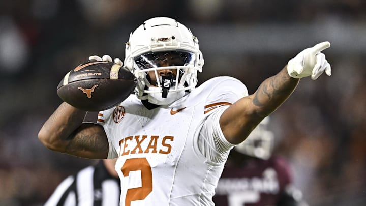 Nov 30, 2024; College Station, Texas, USA; Texas Longhorns wide receiver Matthew Golden (2) motions after getting a first down during the second half against the Texas A&M Aggies. The Longhorns defeated the Aggies 17-7. at Kyle Field.  