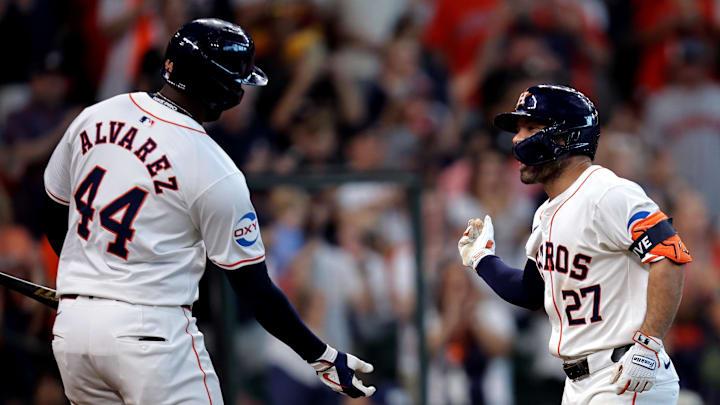 Sep 7, 2024; Houston, Texas, USA; Houston Astros second baseman Jose Altuve (27) is congratulated by Houston Astros designated hitter Yordan Alvarez (44) after hitting a home run against the Arizona Diamondbacks during the seventh inning at Minute Maid Park. Sep 7, 2024; Houston, Texas, USA; Houston Astros second baseman Jose Altuve (27) is congratulated by Houston Astros designated hitter Yordan Alvarez (44) after hitting a home run against the Arizona Diamondbacks during the seventh inning at Minute Maid Park.