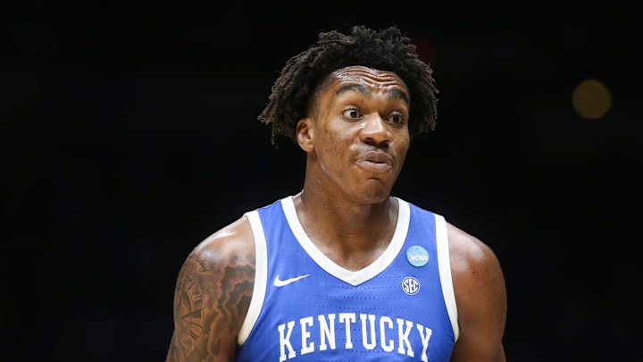 Kentucky Wildcats center Amari Williams (22) reacts to a foul call Friday, March 28, 2025, during the NCAA Tournament Sweet 16 game against the Tennessee Volunteers at Lucas Oil Stadium in Indianapolis.