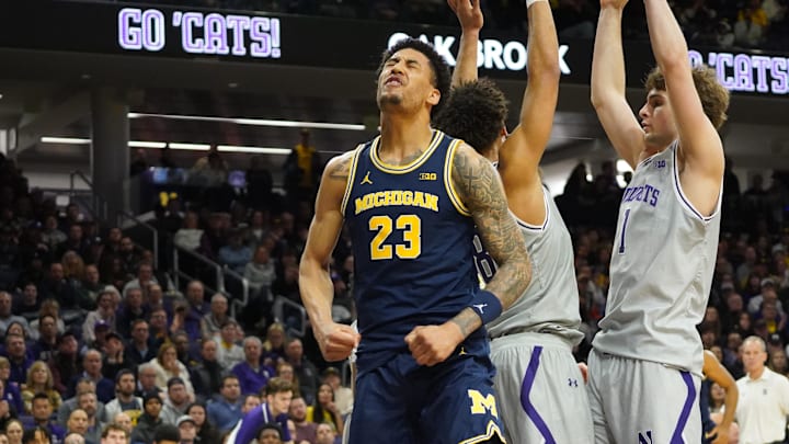 Feb 11, 2026; Evanston, Illinois, USA; Michigan Wolverines forward Yaxel Lendeborg (23) reacts after scoring against the Northwestern Wildcats during the first half at Welsh-Ryan Arena. Mandatory Credit: David Banks-Imagn Images