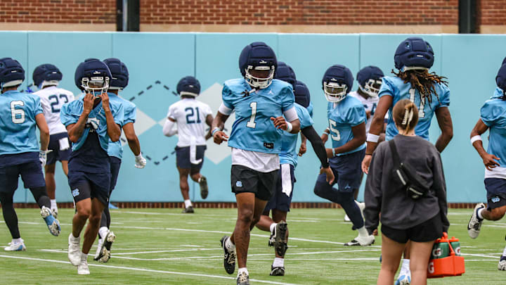 North Carolina wide receiver Jordan Shipp during warmups at the Koman Practice Complex on Saturday, Aug. 2, 2025.