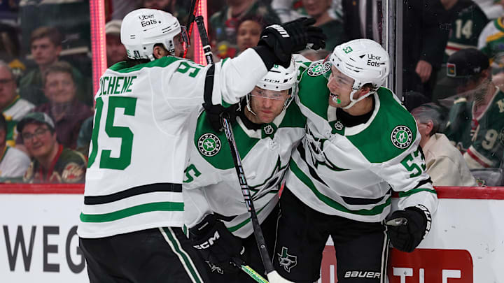 Apr 22, 2026; Saint Paul, Minnesota, USA; Dallas Stars center Wyatt Johnston (53) celebrates his game winning goal during the second overtime period in game three of the first round of the 2026 Stanley Cup Playoffs against the Minnesota Wild at Grand Casino Arena. Mandatory Credit: Matt Krohn-Imagn Images
