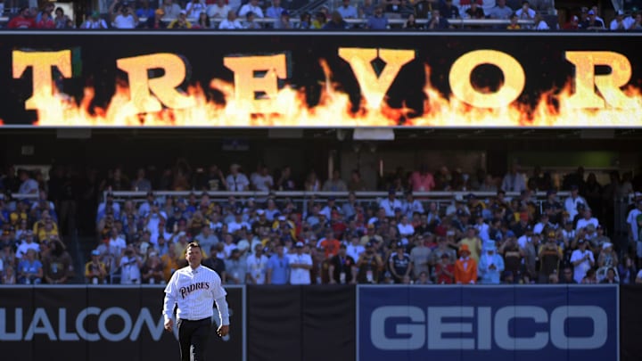 Jul 12, 2016; San Diego, CA, USA; San Diego Padres former closer Trevor Hoffman comes out from the bullpen before the 2016 MLB All Star Game at Petco Park. Mandatory Credit: Kirby Lee-Imagn Images