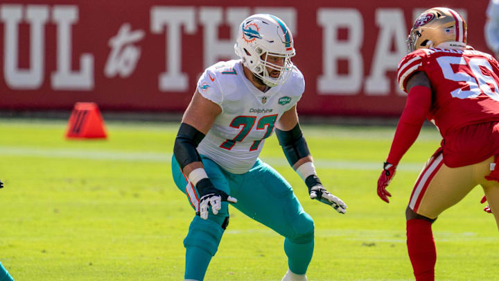 October 11, 2020; Santa Clara, California, USA; Miami Dolphins offensive tackle Jesse Davis (77) during the first quarter against the San Francisco 49ers at Levi's Stadium. Mandatory Credit: Kyle Terada-Imagn Images