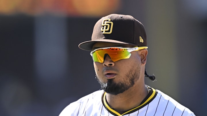 Apr 30, 2025; San Diego, California, USA; San Diego Padres first baseman Luis Arraez (4) comes off the field during the seventh inning against the San Francisco Giants at Petco Park. Mandatory Credit: Denis Poroy-Imagn Images